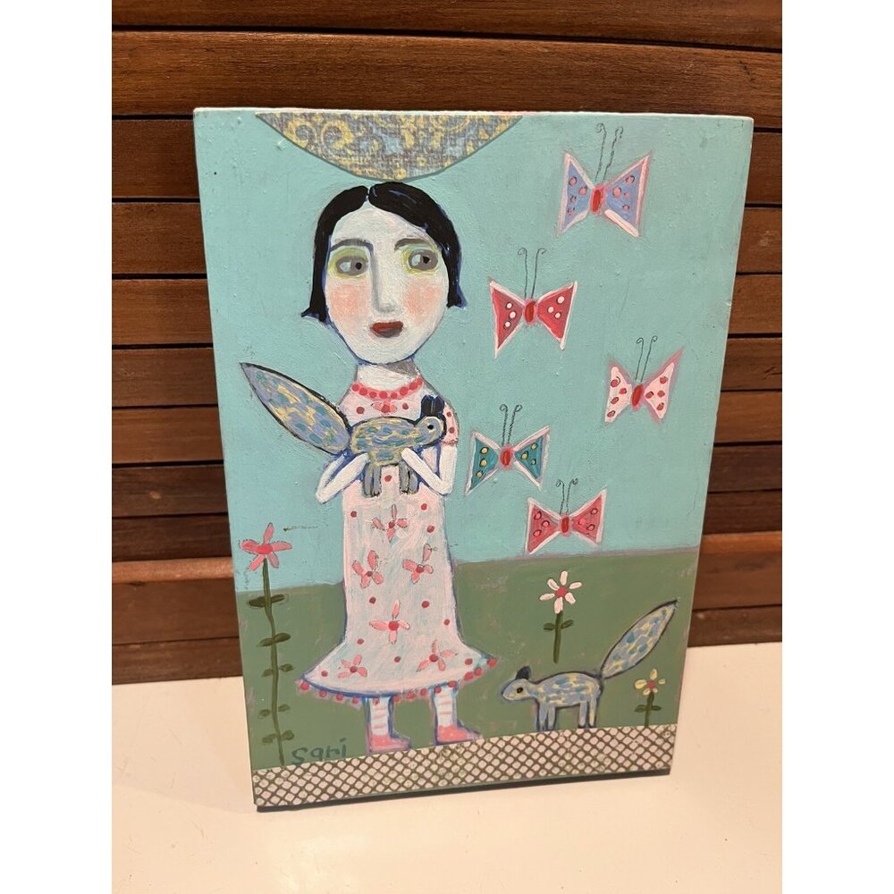 Squirrels & Butterflies #660 Art Sari Noy Azaria 2011 Original Painting on Wood